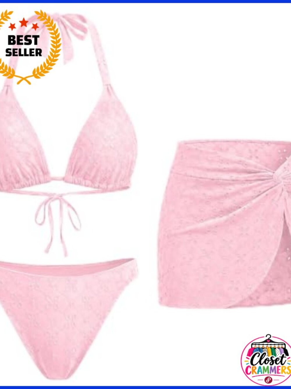 3 Piece Bikini Eyelet Halter Tie Back Swimsuit with Cover Up Skirt